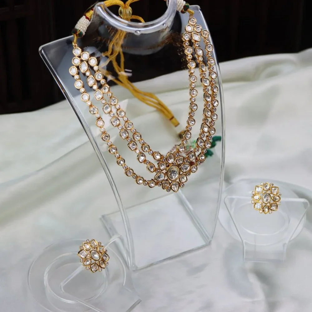 Regal Triple-Layer Kundan Necklace & Earrings Set, JP34